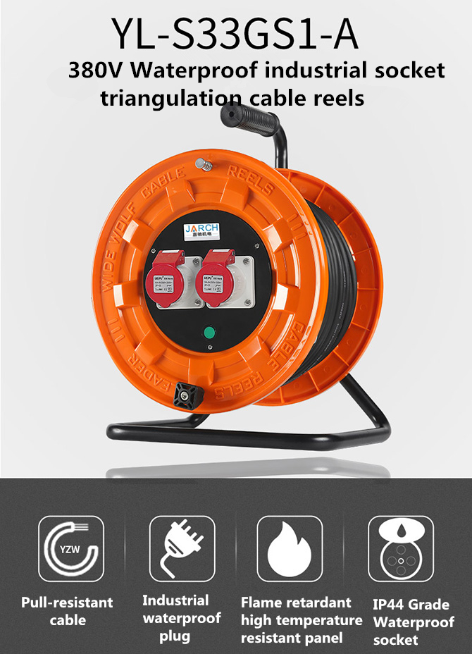 Gulungan drum kabel ekstensi tahan air untuk digunakan di luar ruangan atau dalam kontak dengan minyak 380V 16A gulungan selang portabel otomatis industri